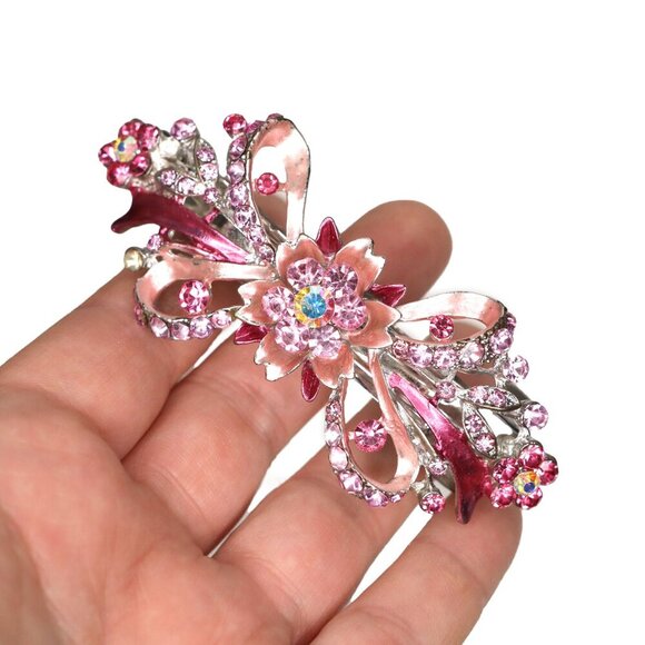 Rhinestone Pink Hair Clip Barrette Prom Party Wedding Bridal Gem - Picture 4 of 7